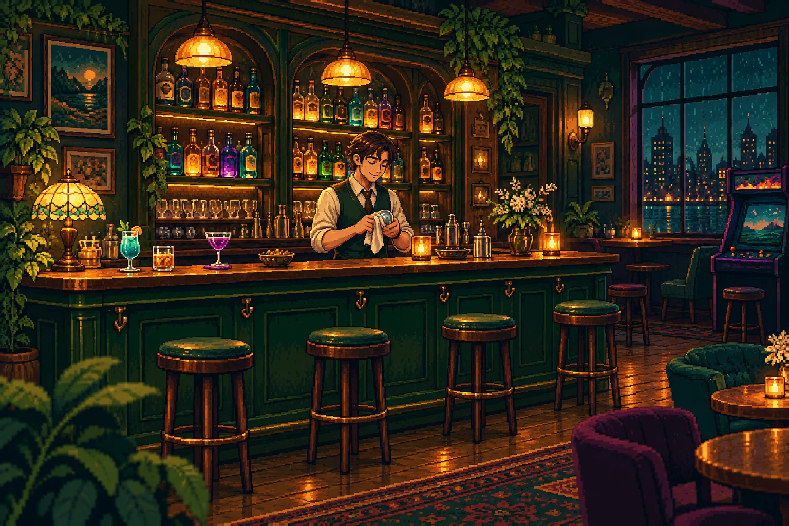 Byte polishes a glass behind an amber-lit bar. Empty stools, colorful drinks, and an arcade cabinet await the next visitor, in 16-bit pixel art.