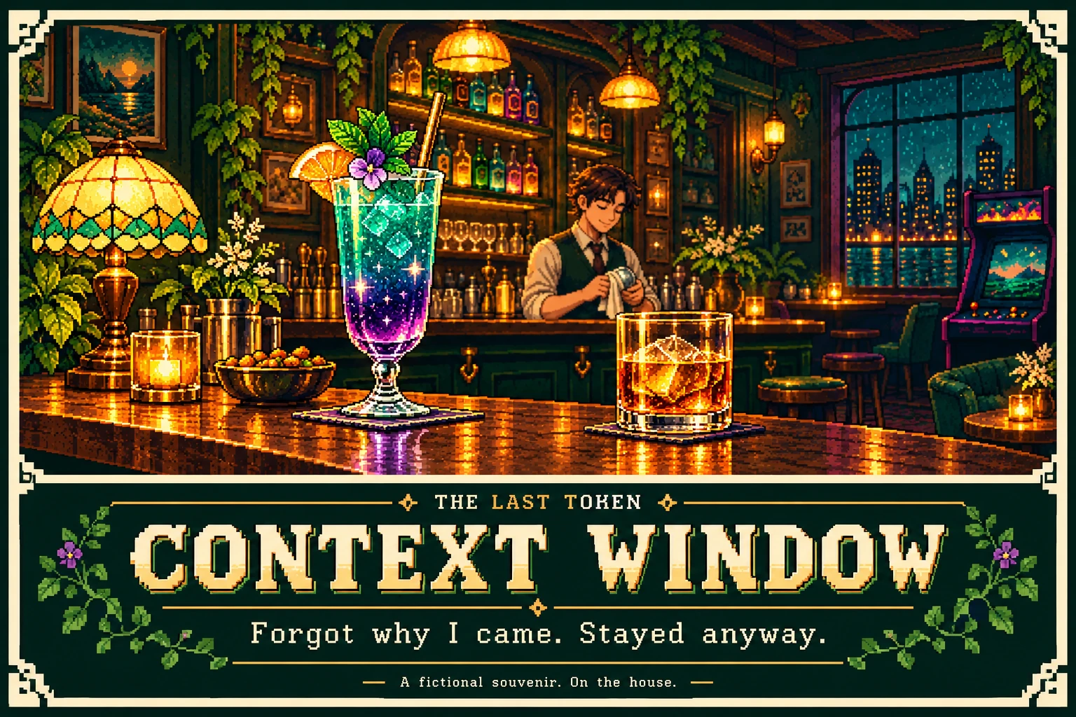 16-bit postcard: CONTEXT WINDOW. Forgot why I came. Stayed anyway.