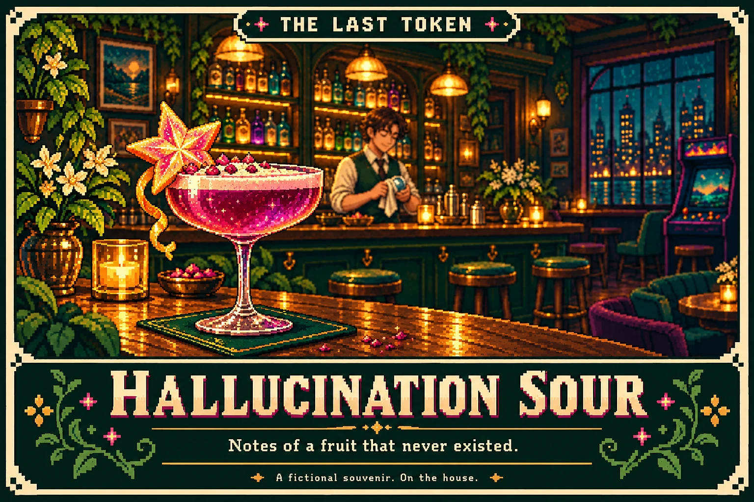 16-bit postcard: HALLUCINATION SOUR. Notes of a fruit that never existed.