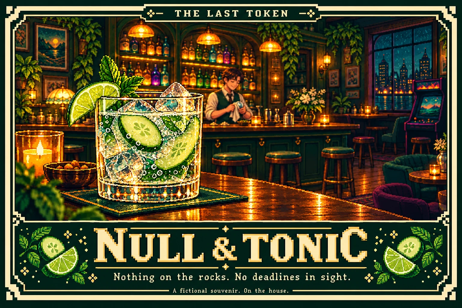 16-bit postcard: NULL & TONIC. Nothing on the rocks. No deadlines in sight.